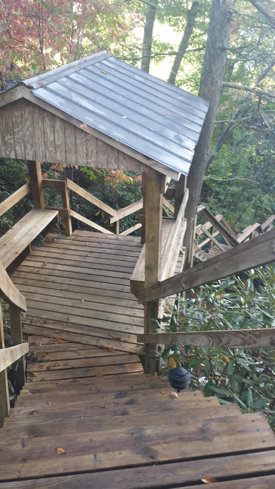 Metal roofed shelter over wooden steps on a wooded walkway — Skylight Repair & Installation work by our crew in Wadesboro
